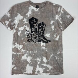 Cowboy Boots Floral Tie Dye Adult Small T-Shirt White Brown Black Cowgirl West
